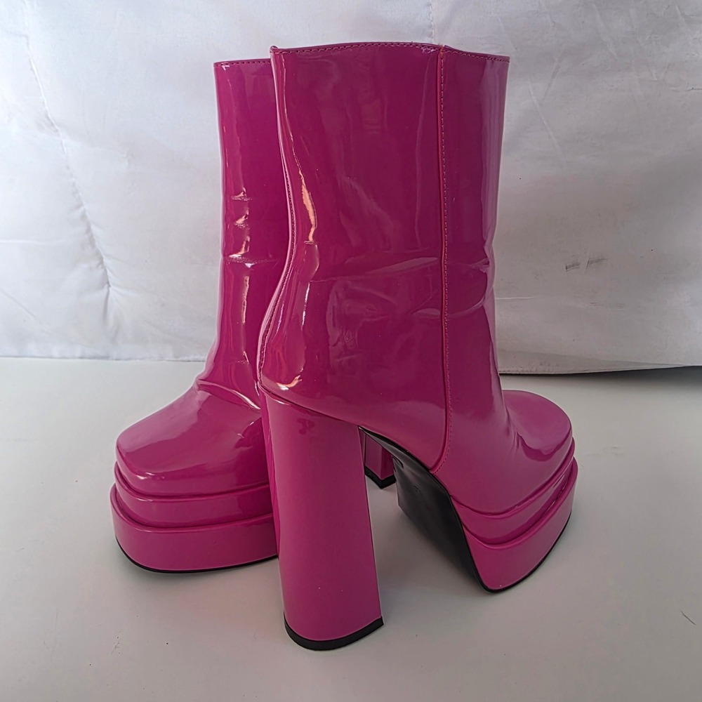 Hot Pink Azala Wang Patent Platform Chunky Heel Ankle Boots Women's Size 6 - Picture 8 of 8